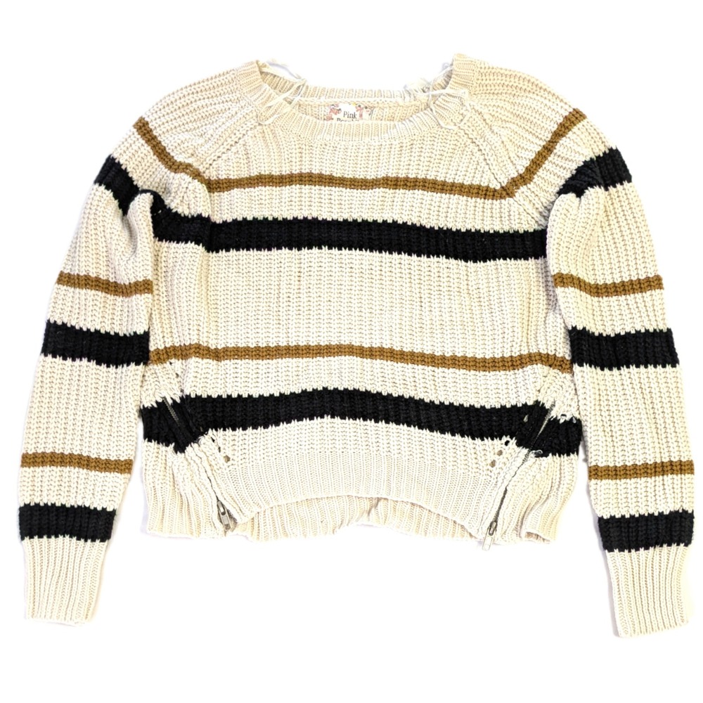 Pink Republic Striped Knit Sweater Cream Black Tan Side Zips PF2S20657RJ Large L